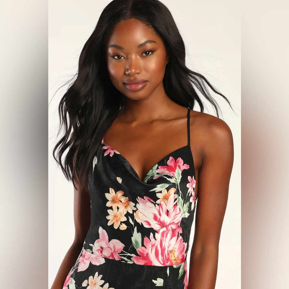 NWOT Love of Romance Black Floral Flowers Print Satin Cowl Neck Maxi Dress L - Picture 4 of 9